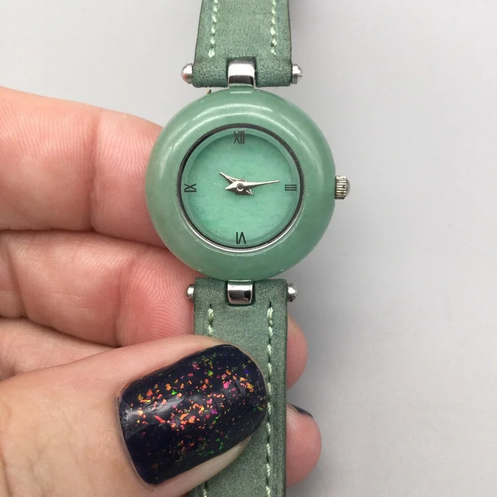 Womens Watch 24mm Green Dial Sterling 925 Case Green Leather Strap New Battery